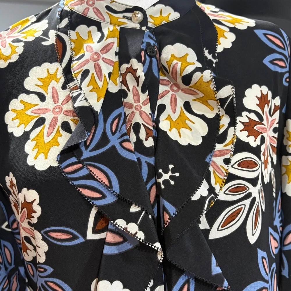 Tory Burch Jane Floral Silk Shirt Dress Black hopewell Print Size 6‎
